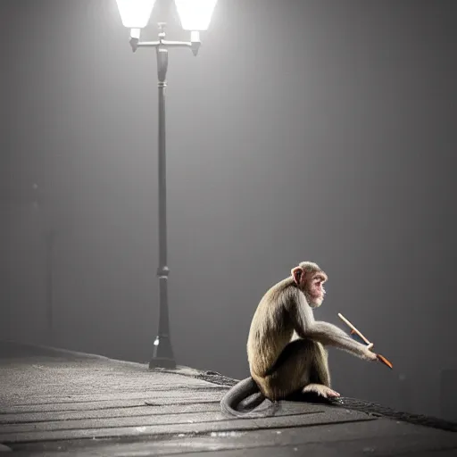 Image similar to contre - jour photo of a monkey smoking a cigarette on a bridge at night under rain, lightened by street lamps, award winning photography