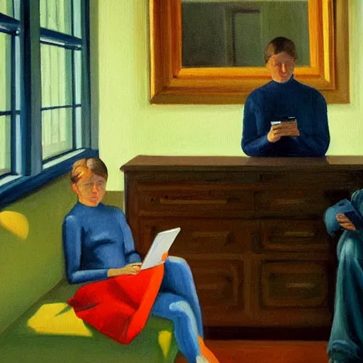 Prompt: a painting of a family sitting at home scrolling on their smartphones in the style of edward hopper