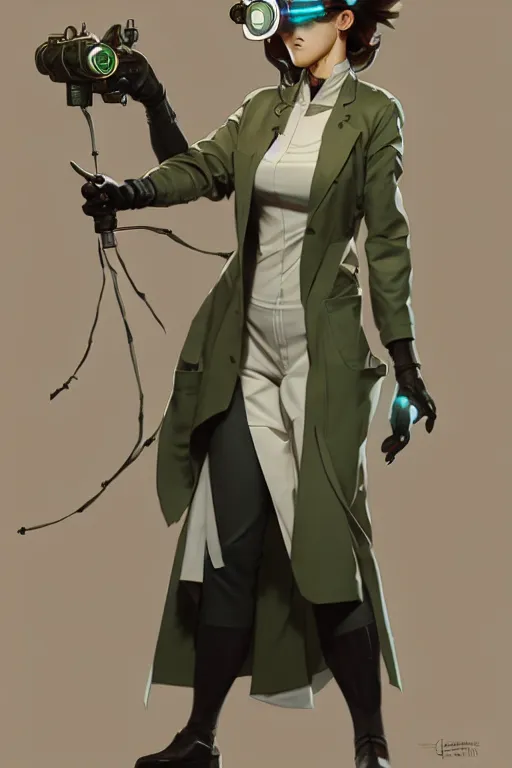 Image similar to a full body character design by artgerm, cushart krenz, greg rutkowski and alphonse mucha. cute mad scientist woman lab coat!! green plasma laser gun!! goggles visor!! bold outline sharp edges. ultra clear detailed. 8 k. ultra detailed, elegant, intricate, octane render.