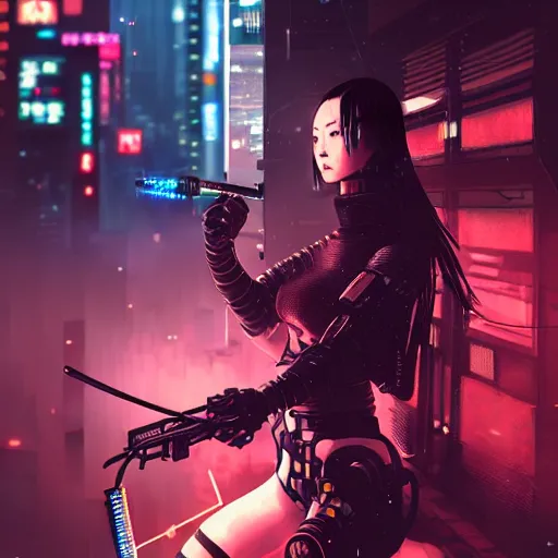 Image similar to candid action image of a fierce dangerous female cyberpunk hacker samurai in neotokyo at night, futuristic cyberpunk tokyo night, sci - fi and fantasy, intricate and very beautiful, highly detailed, digital painting, artstation, concept art, smooth and sharp focus, illustration, art by tian zi and wlop and alphonse mucha