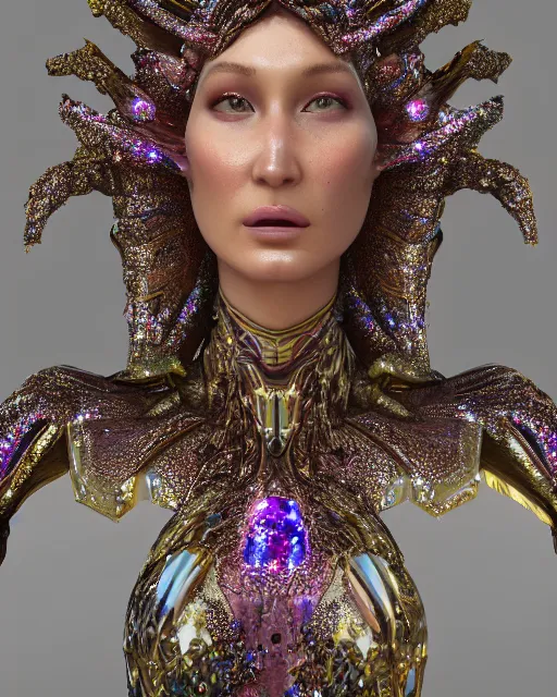 Image similar to a highly detailed metahuman 4 k close up render of an alien goddess bella hadid monument psychedelic in iris van herpen dress schiaparelli in diamonds crystals swarovski and jewelry iridescent in style of alphonse mucha gustav klimt trending on artstation made in unreal engine 4
