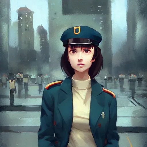 Image similar to young woman with shoulder length light brown hair and hazel eyes dressed in a sharp dark teal military uniform and beret, blurred city background in twilight lighting, ilya kuvshinov, anime, greg rutkowski, guweiz, ross tran, artstation trending, artgerm, concept art, digital painting, painterly