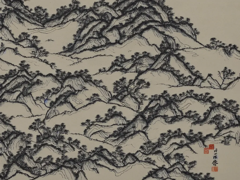 Image similar to appalachian landscape of the laurentian region, painting in traditional chinese black ink shanshui style.