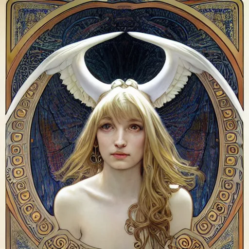 Image similar to white ox with angelic wings, drawn by Donato Giancola and Artgerm, Light by Julie Bell, design by alphonse mucha, background by James Jean and gustav klimt and John Marshall Gamble, 4k, volumetric lighting, french nouveau, trending on artstation, octane render, hyperrealistic