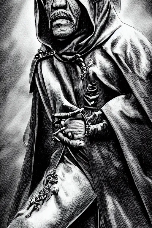 Image similar to Danny Trejo as church nun, dark fantasy, highly detailed, artstation, manga illustration by Kentaro Miura berserk