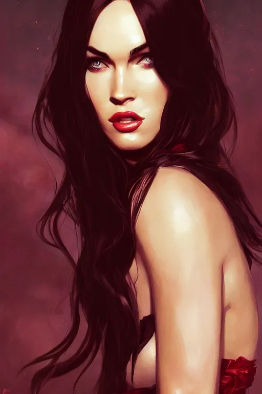 Prompt: portrait of megan fox as a sexy sultry vampire queen, jewelry, greek, ruby, intricate, headshot, key visual, conceptart, ambient lighting, highly detailed, digital painting, artstation, concept art, sharp focus, by makoto shinkai and akihiko yoshida and greg manchess