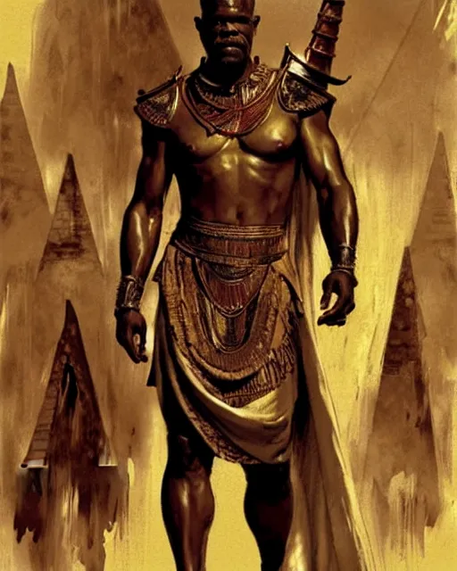 Image similar to concept art by anders zorn and craig mullins depicting djimon hounsou as a tall and very lean temple guard fully dressed in ancient egyptian heavy armor, flowing robes, harem pants, and leather strapped sandals