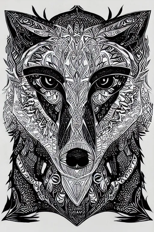 Image similar to symmetric fox mandala ink drawing