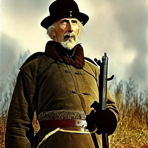 Image similar to a middle aged, martial, stark 19th century eastern european hunter with a large gray goatee looks similar to Jonathan Hyde and young Christopher Lee and young Christopher Lee. The background is a eastern european forrest. cinematic lighting, highly detailed, realistic, antique painting