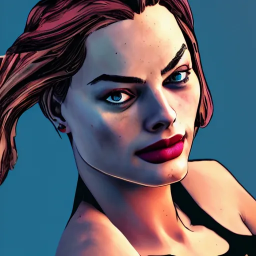 Image similar to margot robbie portrait, borderlands, tales from the borderlands, the wolf among us, comic, cinematic lighting, studio quality, 8 k