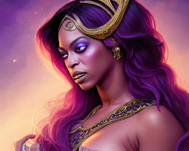Prompt: beyonce as a wizard, purple streaks in hair, bat hovering on her shoulder, deep focus, d & d, fantasy, intricate, elegant, highly detailed, digital painting, artstation, concept art, matte, sharp, illustration, hearthstone, art by artgerm and greg rutkowski and alphonse mucha