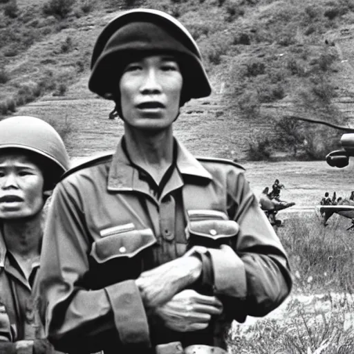 Prompt: vietnam war soldiers in combat with flying saucer, hilly terrain, helicopters, shot on 1 9 7 0 s film