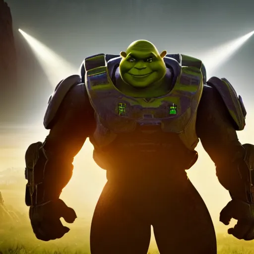 Image similar to shrek as superman in halo 5, splash art, movie still, cinematic lighting, dramatic, octane render, long lens, shallow depth of field, bokeh, anamorphic lens flare, 8 k, hyper detailed, 3 5 mm film grain