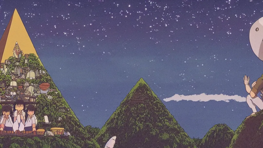 Image similar to a movie still from a studio ghibli film showing a huge demon meditating. a pyramid is under construction in the background, in the rainforest on a misty and starry night. a ufo is in the sky. by studio ghibli