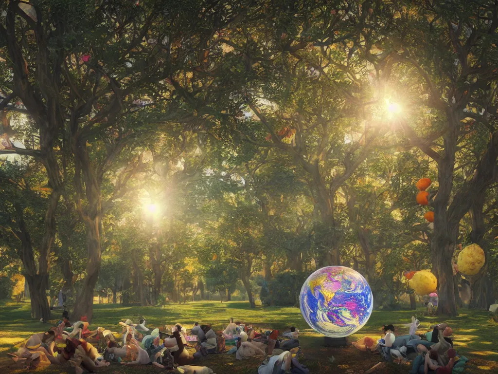 Image similar to 3 d render, sunlight study, the universe is a spheroid region 7 0 5 meters in diameter, art nouveau, by jan brueghel the younger and ( ( ( ( ( lisa frank ) ) ) ) ), 8 k, sharp focus, octane render