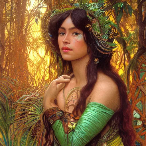 Prompt: portrait of a beautiful alluring female aztec queen in a dense jungle at sunset, detailed, centered, digital painting, artstation, concept art, donato giancola, Dante Gabriel Rossetti, alphonse mucha, Joseph Farquharson, Joseph Christian Leyendecker, WLOP, Boris Vallejo, Breathtaking, 8k resolution, extremely detailed, beautiful, establishing shot, artistic, hyperrealistic, beautiful face, octane render