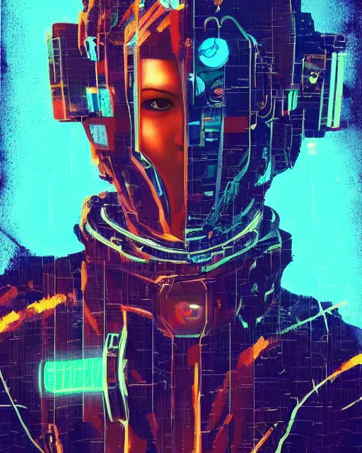 Image similar to a glitch art painting of cyberpunk cyborg knight / wizard trending on artstation deviantart pinterest detailed realistic hd 8 k high resolution