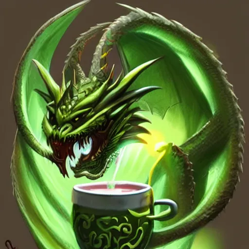 Image similar to a green dragon drinking a cup of tea, intricate concept art, artstation