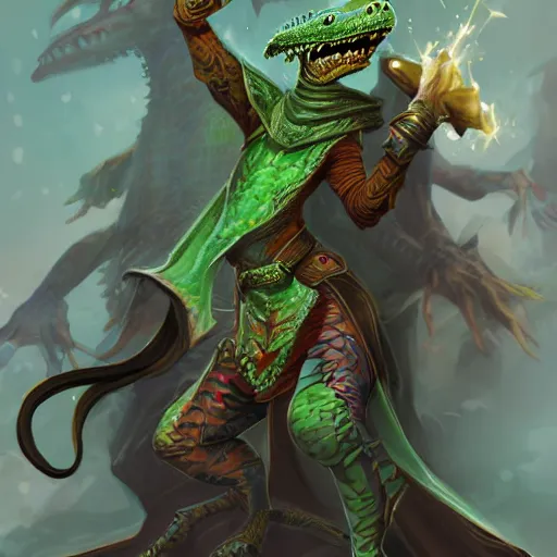 Image similar to a lizard priestess, D&D, splash art