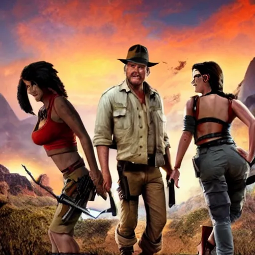 Prompt: still from the movie with Indiana Jones (played by Guy Fieri), Lara Croft (played by Linda Belcher) and Nathan Drake (played by Donald Duck), award-winning cinematography, 4k