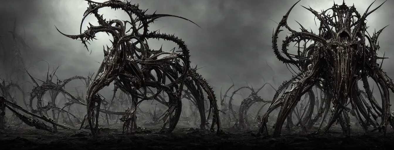 Image similar to fields of the impaled, broken biomechanical, intricate artwork masterpiece, ominous, dramatic horror cinematic lighting, volumetric 8 k, elden ring, by h. r. giger, darius zawadzki, karol bak, brian froud, trending on cgsociety, octane render, 8 k