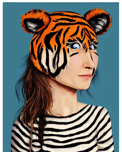 Image similar to a beautiful girl, wearing a tiger head hat, hyper realistic, hyper detailed, in the design of eliot kohek