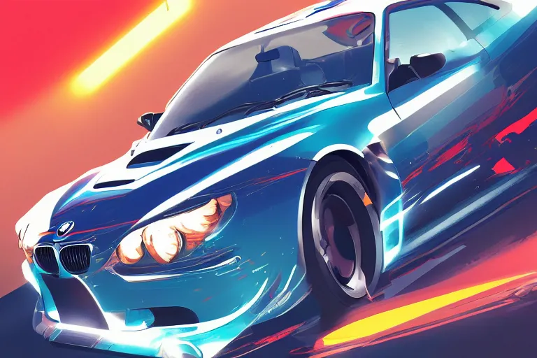 Prompt: digital illustration of bmw m 1 by makoto shinkai, ilya kuvshinov, lois van baarle, rossdraws, basquiat | afrofuturism, in the style of hearthstone, trending on artstation | cool color scheme