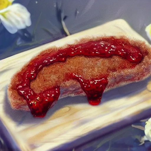 Image similar to epic illustration of a breaded steak with jam!!!!! and a `blue flower`!!!!!!!!!!!!, best on artstation, cgsociety, much detail, much wow, masterpiece