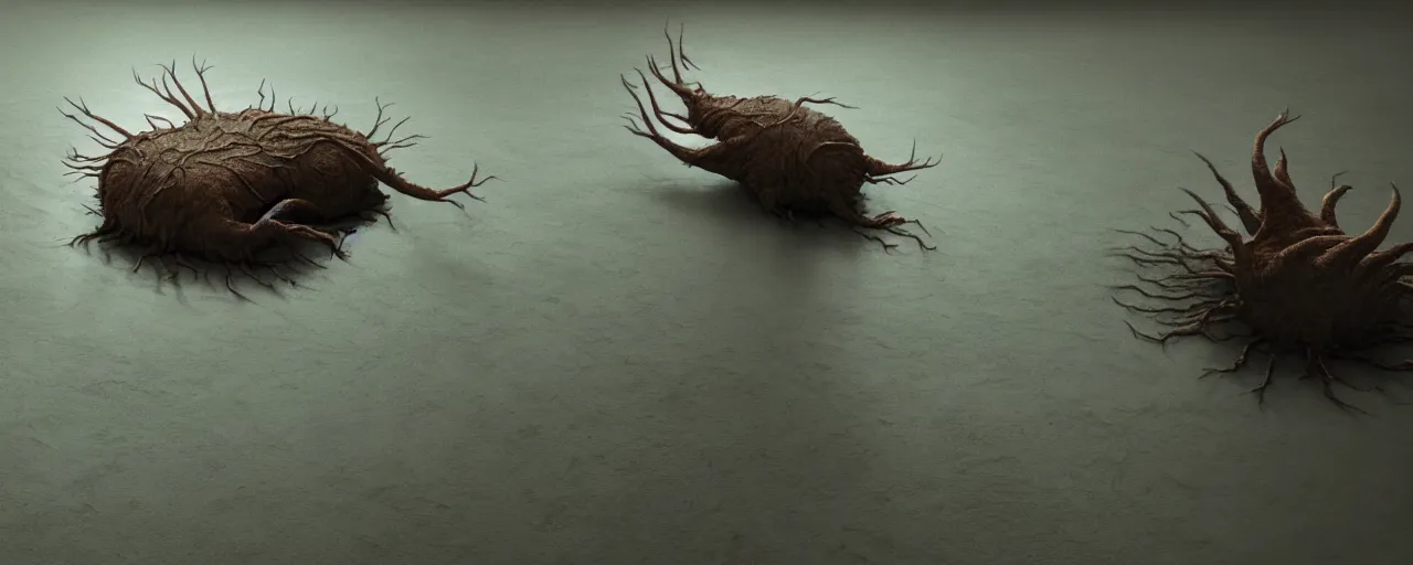 Prompt: a strange creature floats above the floor in the home room, film still from the movie directed by Denis Villeneuve with art direction by Zdzisław Beksiński, close up, telephoto lens, shallow depth of field, beautiful detailed intricate insanely detailed octane render, 8K artistic photography, photorealistic