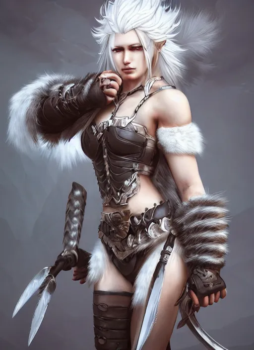 Image similar to barbarian, fur leather armor!!! beautiful and elegant white hair female!! gorgeous ayes!! character concept art, sharp focus, octane render! unreal engine 5! highly rendered!! trending on artstation!! detailed linework!! illustration by artgerm, wlop, and chie yoshii