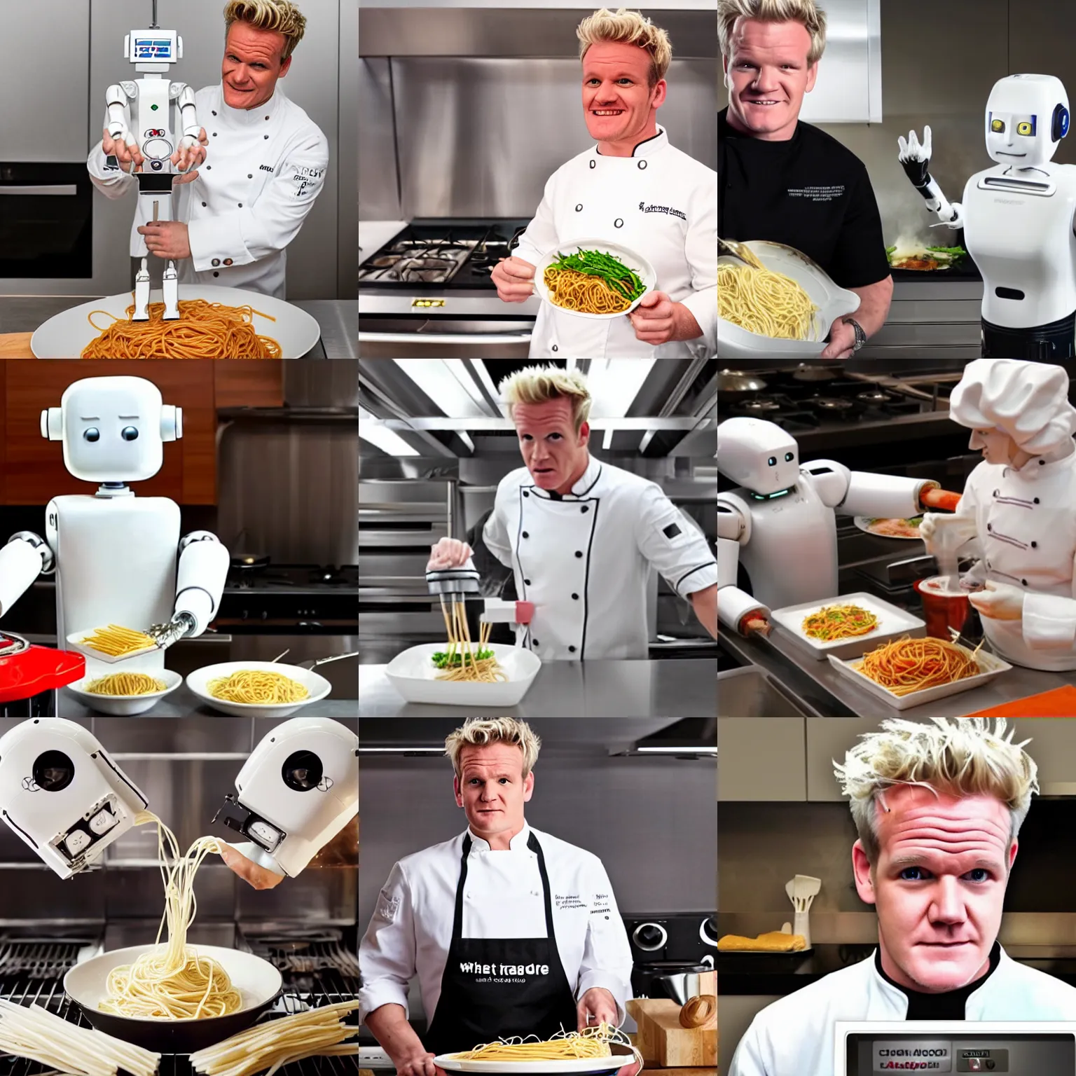 Prompt: a white robot that looks like gordon ramsey is cooking spaghetti