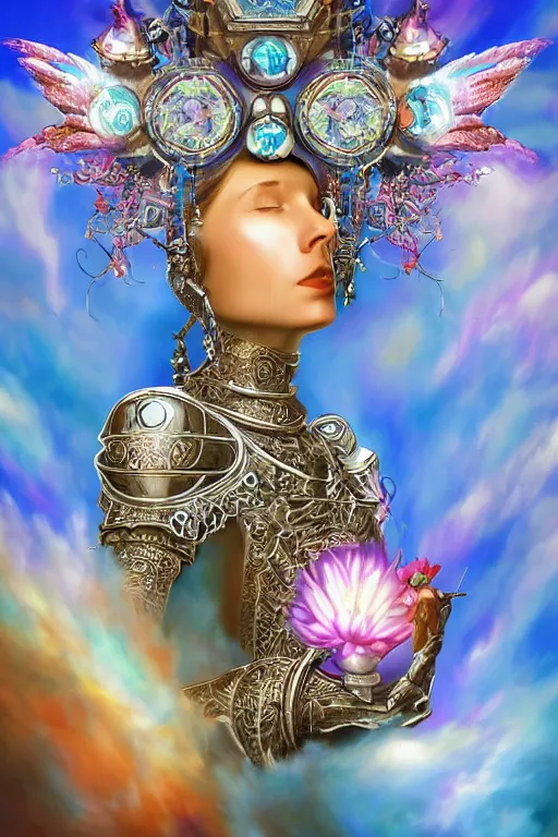 Image similar to opalescent retrofuturistic digital airbrush illustration of a knight wearing an ornate chrome headpiece and holding a flower with a landscape and sky in the background by luigi patrignani