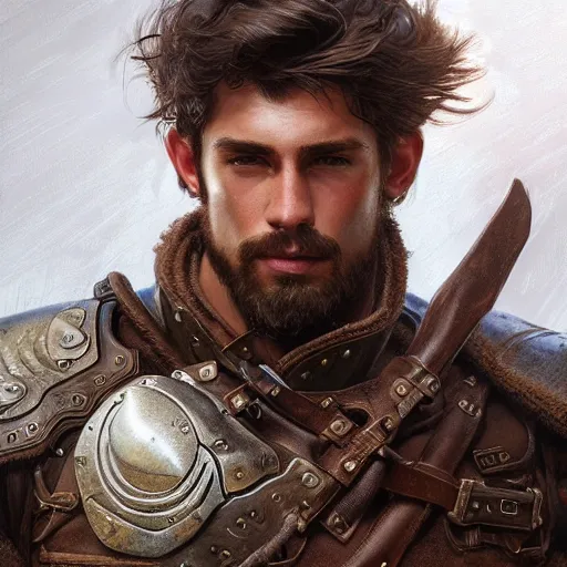 Prompt: portrait of a young rugged ranger, muscular, upper body, leather armor vest, D&D, fantasy, intricate, cinematic lighting, highly detailed, digital painting, artstation, concept art, smooth, sharp focus, illustration, art by Artgerm and Greg Rutkowski and Alphonse Mucha