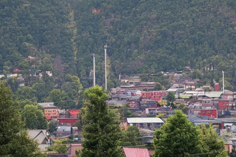 Prompt: looking down street, warehouses lining the street. forested hills background with radio tower on top. telephoto lens compression.