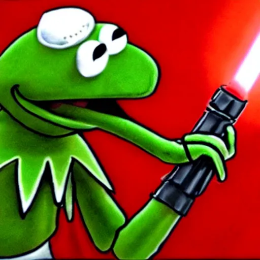 Prompt: kermit the frog as a sith lord wielding a red lightsaber, realistic