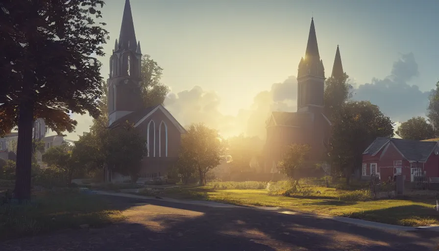 Image similar to midwest town with church, square, trees, sunny day, volumetric light, hyperdetailed, artstation, cgsociety, 8 k