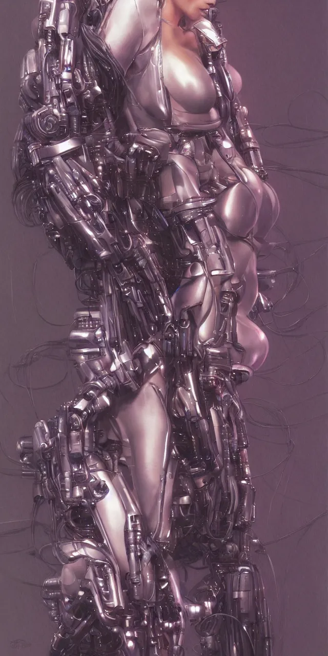 Image similar to beauty Blade Runner woman, futuristic mechanical, cyberpunk, led lights, lots of cables and wiring, electrical details, trending on artstation, by Hajime Sorayama and Boris Vallejo