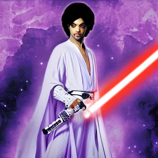 Image similar to musician prince as a jedi knight wearing a intricate robe and holding a purple lightsaber in his right hand. star wars background.