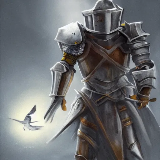 Image similar to armored knight hold a luminance white bird on outstretched hand carefully, atmospheric, concept art