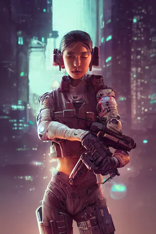 Image similar to beautiful portrait of a cyborg mercenary girl holding a rifle, art by wlop, artgerm, liam wong, cyberpunk, neon, intricate details, trending on artstation, sharp focus, caustics, octane render, radiant light, 4 k