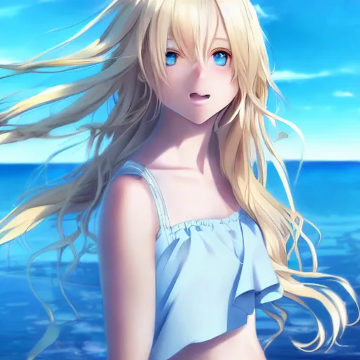 Image similar to a very beautiful anime cute girl, full body, long wavy blond hair, sky blue eyes, full round face, short smile, fancy top, miniskirt, front view, summer lake setting, cinematic lightning, medium shot, mid-shot, highly detailed, cinematic wallpaper by Stanley Artgerm Lau