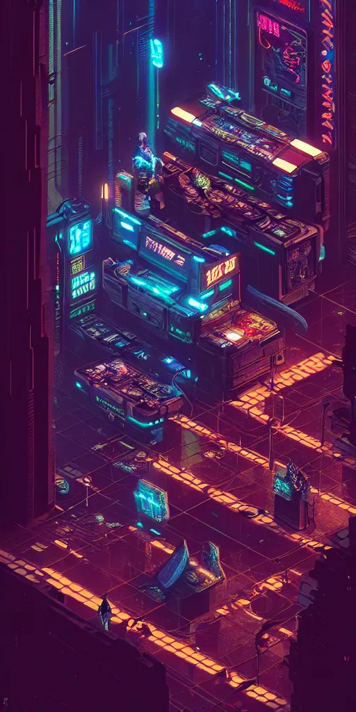 Image similar to epic cyberpunk arcade city : : blade runner, james guilleard, beeple, laurie greasley, dan mcpharlin : : ornate, dynamic, particulate, rich colors, intricate, elegant, highly detailed, centered, artstation, smooth, sharp focus, octane render, 3 d