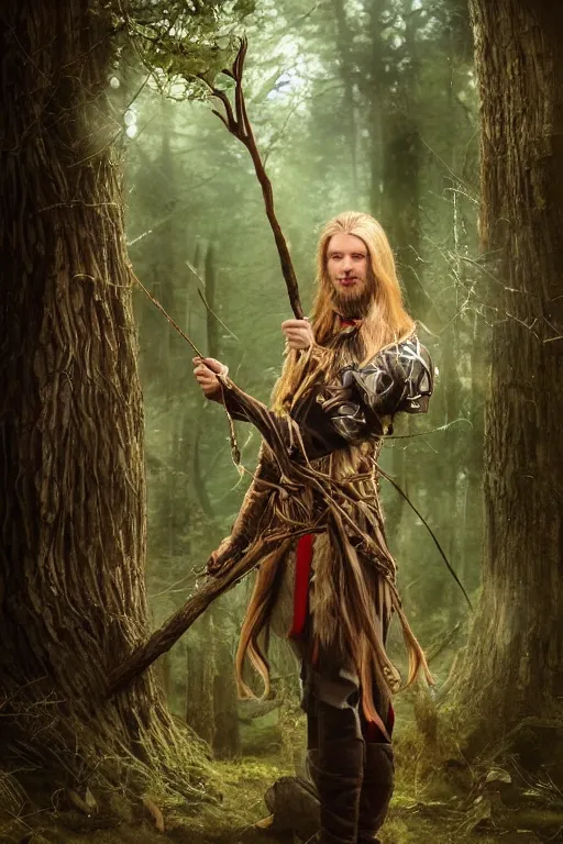 Image similar to A tall slim male wood elf druid posing with a bow in a mystical forest, portrait, long blonde hair, fungi, glowing, wooden armor, magical, fantasy, medieval, highly detailed, dynamic lighting, cinematic, dramatic, sharp focus, focus on face, masterpiece, trending on artstation, concept art, digital painting, still, photo, photograph, in the style of Heilung