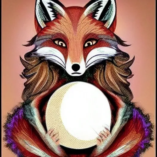 Prompt: anthropomorphous fox wearing gypsy clothing, looking into a magical crystal ball