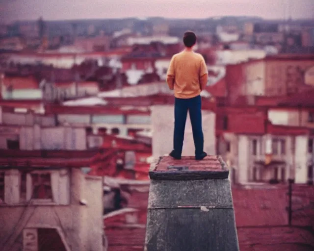 Image similar to lomo photo of man standing on the roof of soviet hrushevka, small town, cinestill, bokeh, out of focus