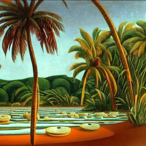 Prompt: painting of a tropical island being flushed down the toilet circling the drain, colorful, joyful, oil, painted by Grant Wood