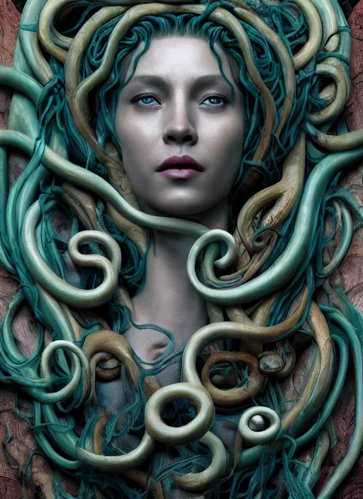 Image similar to medusa made of wax, wooden art nouveau swirls, strong subsurface scattering, cables, tubes, subsurface scattering, in the style of ruan jia and giger, subsurface scattering, mystical colors, rim light, dramatic lighting, 8 k, stunning scene, raytracing, octane render, trending on artstation