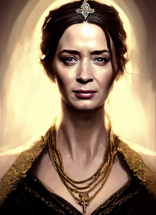 Image similar to portrait of emily blunt as beautiful queen, jewelry, greek, dark, victorian age, 1 8 9 0, intricate, headshot, key visual, conceptart, ambient lighting, highly detailed, digital painting, artstation, concept art, sharp focus, by makoto shinkai and akihiko yoshida and greg manchess