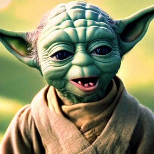 Image similar to extremely zoomed-in photo of Yoda looking very surprised with his mouth open