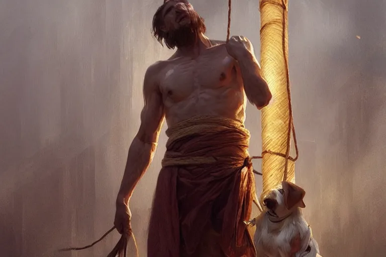 Image similar to a man tied to a pillar by jack russel terrier, highly detailed, hyperrealistic digital painting, artstation, concept art, smooth, sharp focus, illustration, cinematic lighting, art by artgerm and greg rutkowski and alphonse mucha